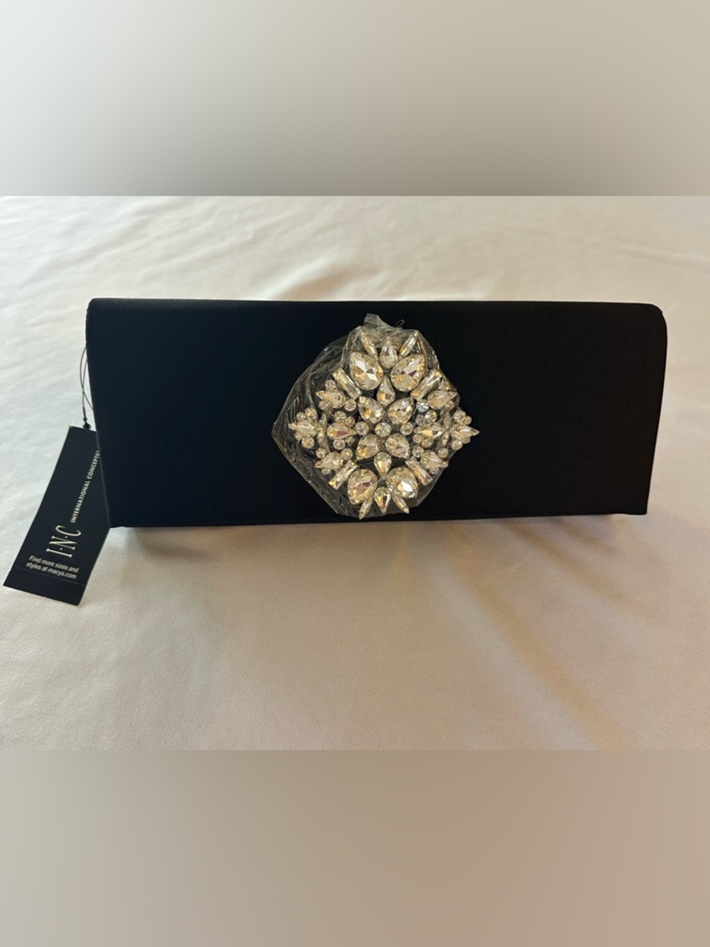 INC International Concepts Black Satin Rhinestone Clutch
